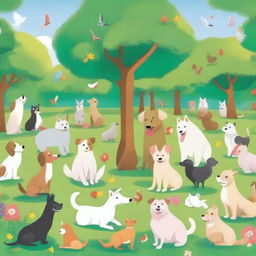 A delightful scene featuring dozens of different pets, including dogs, cats, rabbits, and birds, all in a happy and playful mood