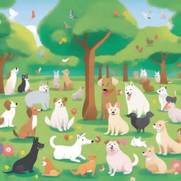 A delightful scene featuring dozens of different pets, including dogs, cats, rabbits, and birds, all in a happy and playful mood