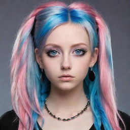 An emo character with pink skin, expressive blue eyes, and a long, multicolored hair that blends gray, white, and black hues. She is wearing long earrings.