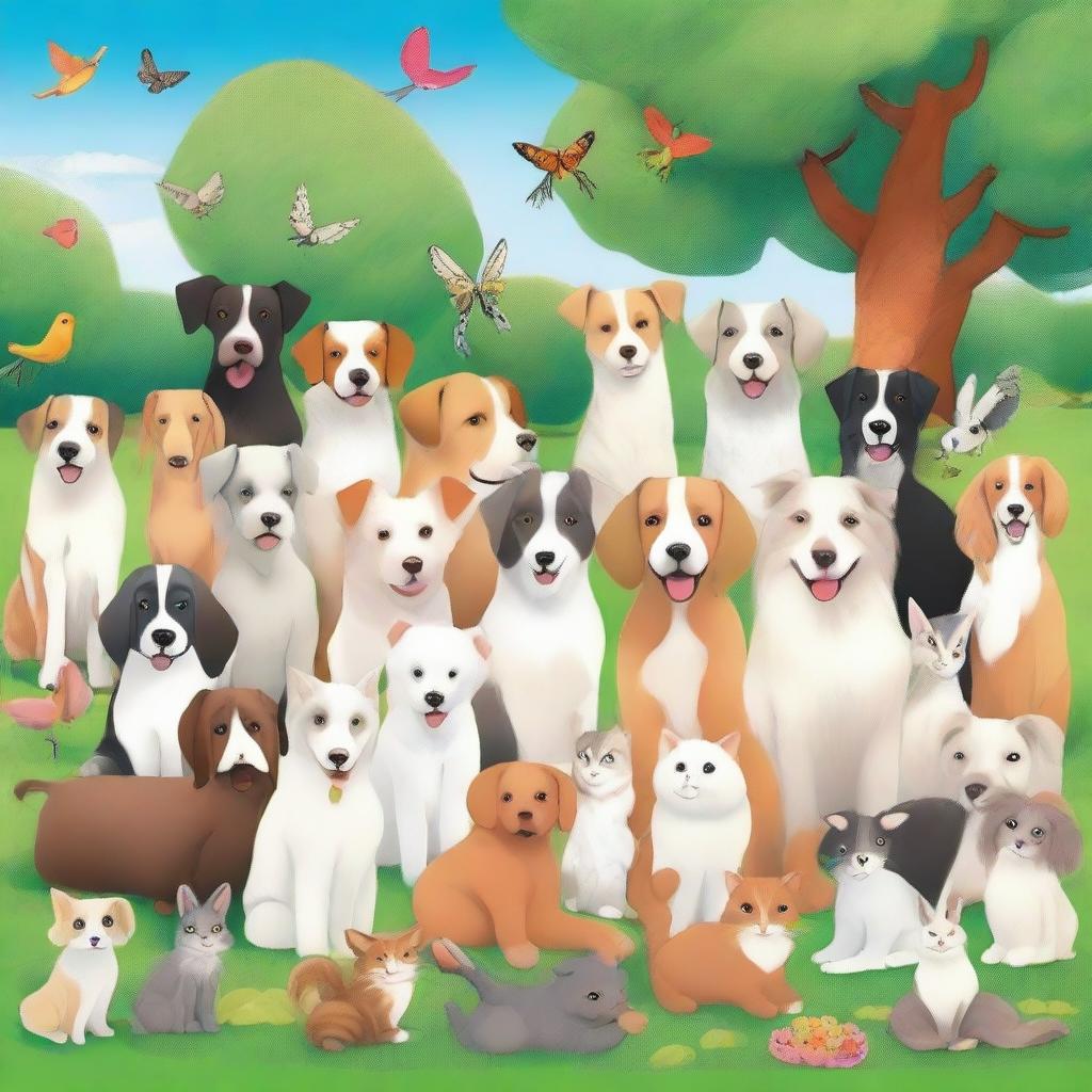 A delightful scene featuring dozens of different pets, including dogs, cats, rabbits, and birds, all in a happy and playful mood