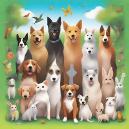 A delightful scene featuring dozens of different pets, including dogs, cats, rabbits, and birds, all in a happy and playful mood