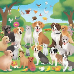 A delightful scene featuring dozens of different pets, including dogs, cats, rabbits, and birds, all in a happy and playful mood