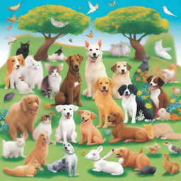 A delightful scene featuring dozens of different pets, including dogs, cats, rabbits, and birds, all in a happy and playful mood