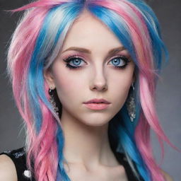 An emo character with pink skin, expressive blue eyes, and a long, multicolored hair that blends gray, white, and black hues. She is wearing long earrings.