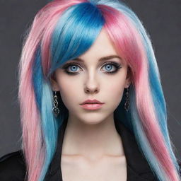 An emo character with pink skin, expressive blue eyes, and a long, multicolored hair that blends gray, white, and black hues. She is wearing long earrings.