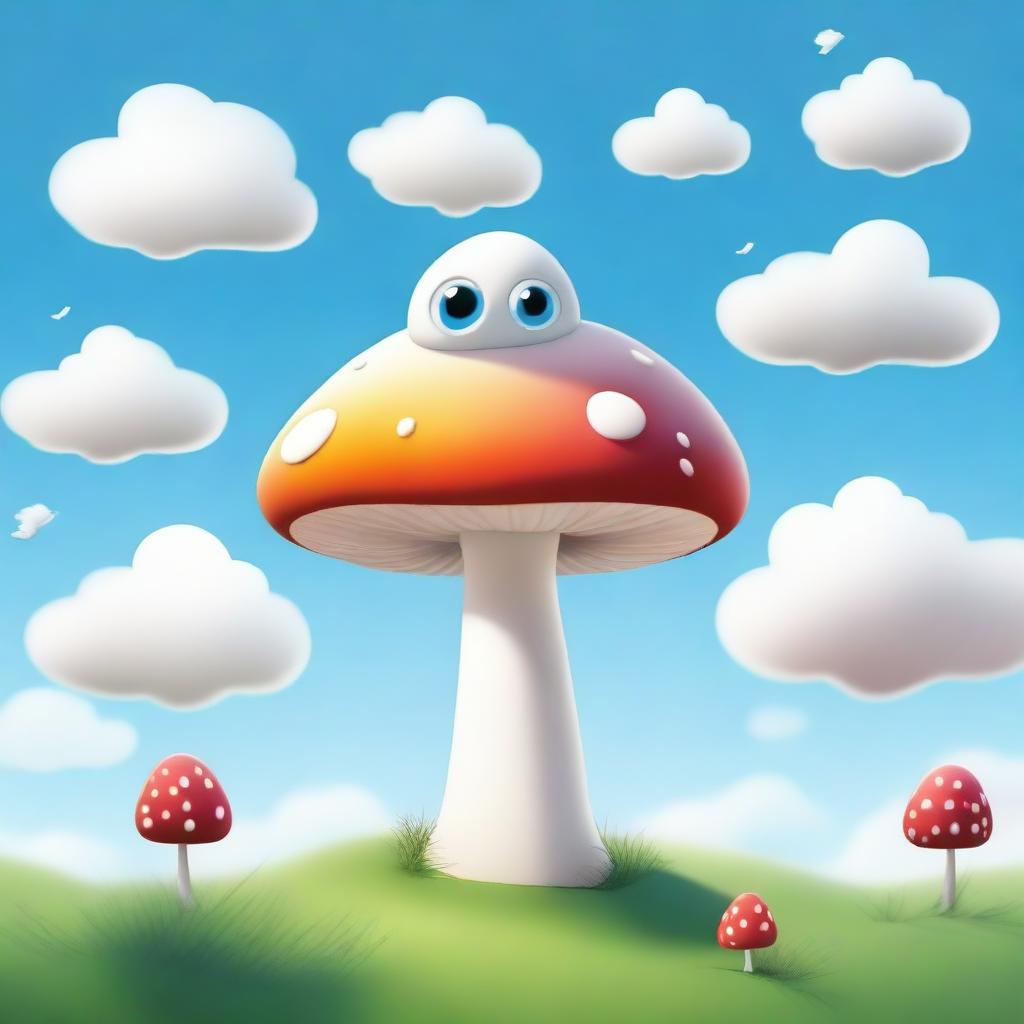 A whimsical mushroom shape with large, expressive eyes in the center, floating on a fluffy cloud in a bright, clear sky