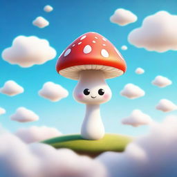 A whimsical mushroom shape with large, expressive eyes in the center, floating on a fluffy cloud in a bright, clear sky