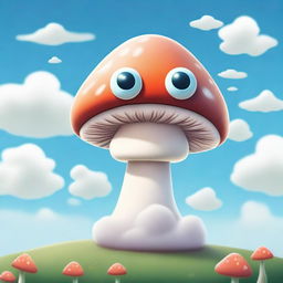 A whimsical mushroom shape with large, expressive eyes in the center, floating on a fluffy cloud in a bright, clear sky