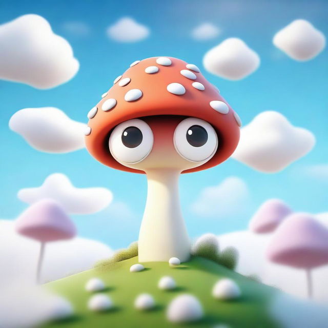 A whimsical mushroom shape with large, expressive eyes in the center, floating on a fluffy cloud in a bright, clear sky