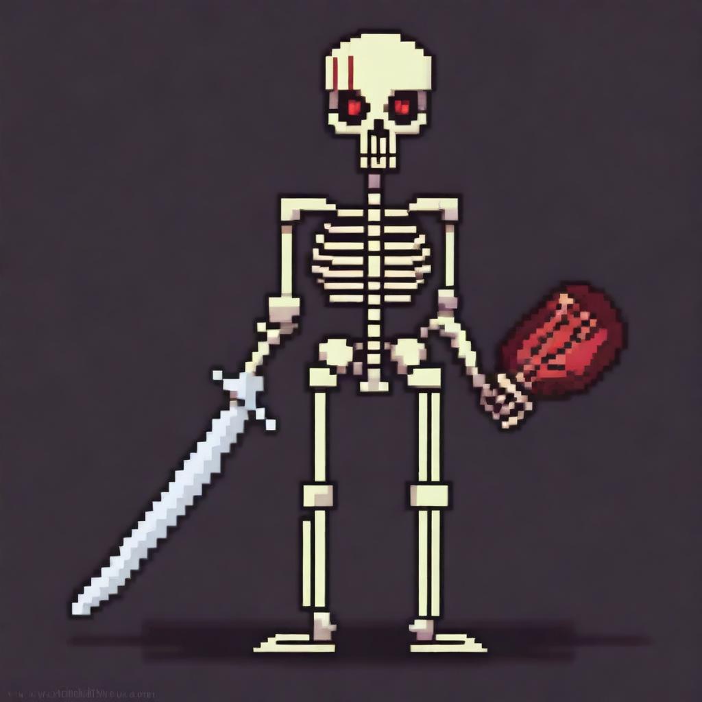 A pixel art depiction of a skeletal enemy for a 2D platformer video game