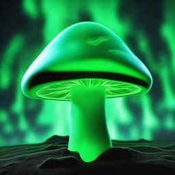 A science fiction mushroom that glows green with mysterious eyes in the center and a cloud at the base