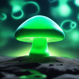 A science fiction mushroom that glows green with mysterious eyes in the center and a cloud at the base