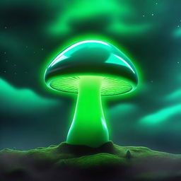 A science fiction mushroom that glows green with mysterious eyes in the center and a cloud at the base