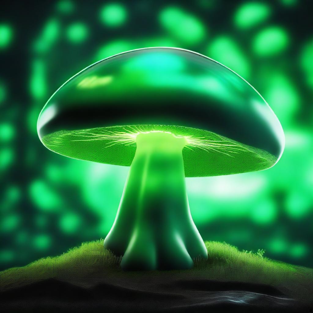 A science fiction mushroom that glows green with mysterious eyes in the center and a cloud at the base