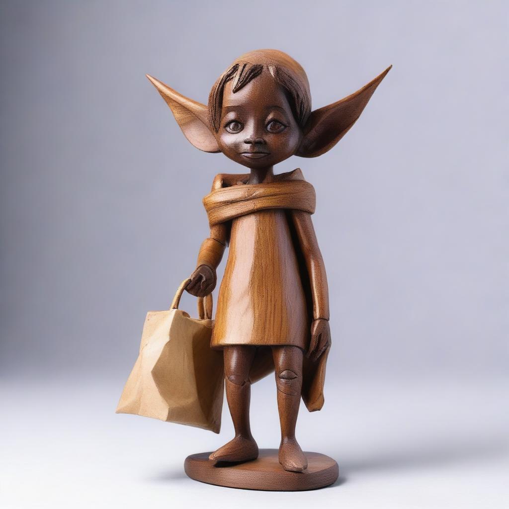 A detailed wooden sculpture of a child drow elf, intricately carved with pointy ears and delicate features, carrying a small paper bag on his back