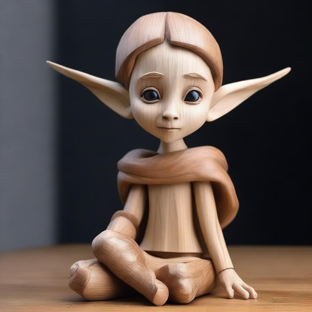 A detailed wooden sculpture of a child drow elf, intricately carved with pointy ears and delicate features, carrying a small paper bag on his back