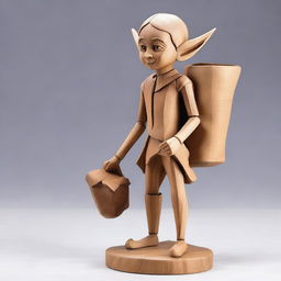 A detailed wooden sculpture of a child drow elf, intricately carved with pointy ears and delicate features, carrying a small paper bag on his back