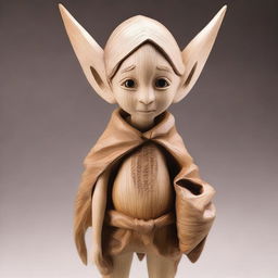 A detailed wooden sculpture of a child drow elf, intricately carved with pointy ears and delicate features, carrying a small paper bag on his back