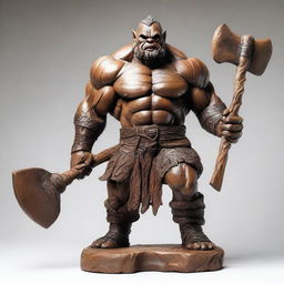 A detailed wooden sculpture of a large male orc holding a great axe