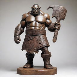 A detailed wooden sculpture of a large male orc holding a great axe