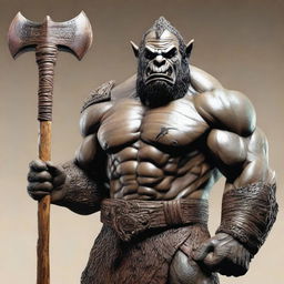 A detailed wooden sculpture of a large male orc holding a great axe