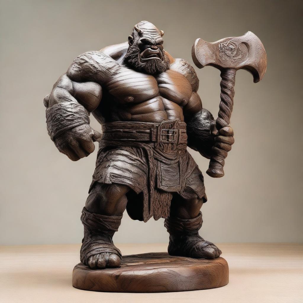 A detailed wooden sculpture of a large male orc holding a great axe