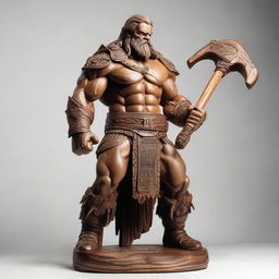 A highly detailed wooden sculpture of a human barbarian holding a massive war hammer