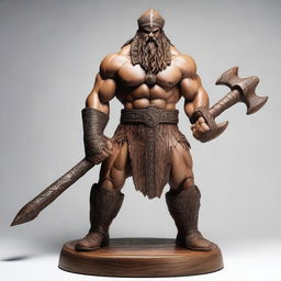 A highly detailed wooden sculpture of a human barbarian holding a massive war hammer