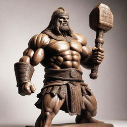 A highly detailed wooden sculpture of a human barbarian holding a massive war hammer