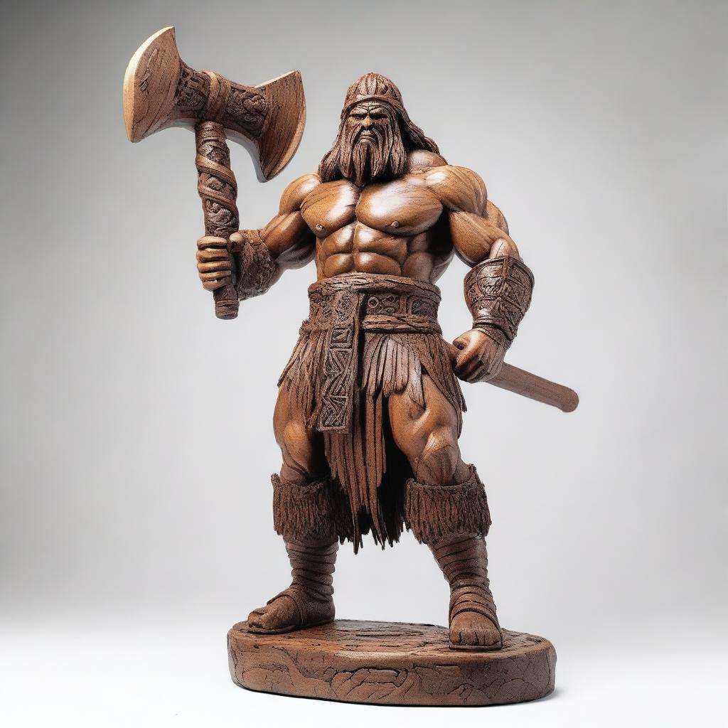 A highly detailed wooden sculpture of a human barbarian holding a massive war hammer