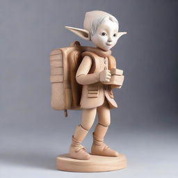 A highly detailed wooden sculpture of a child drow elf carrying a backpack filled with papers