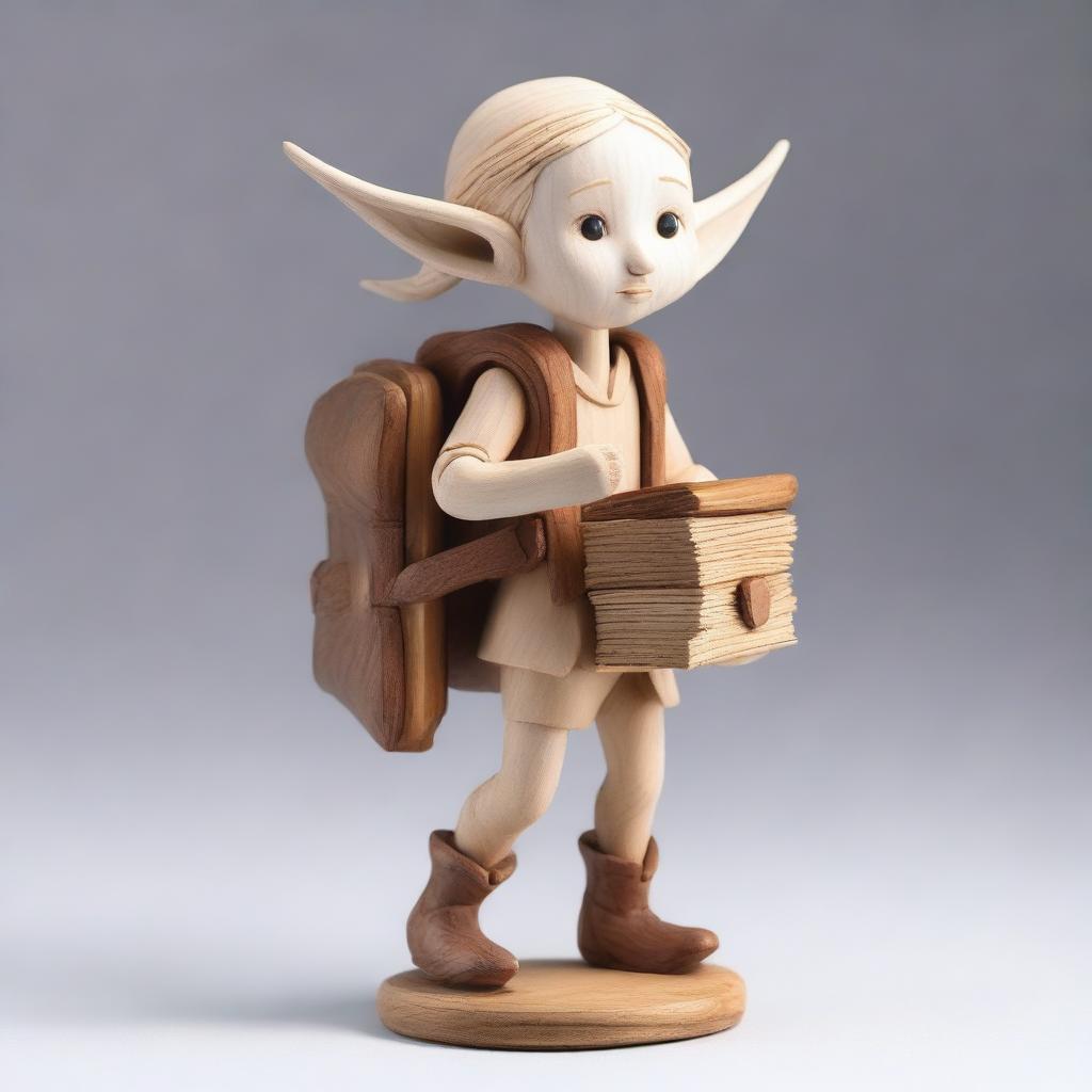 A highly detailed wooden sculpture of a child drow elf carrying a backpack filled with papers