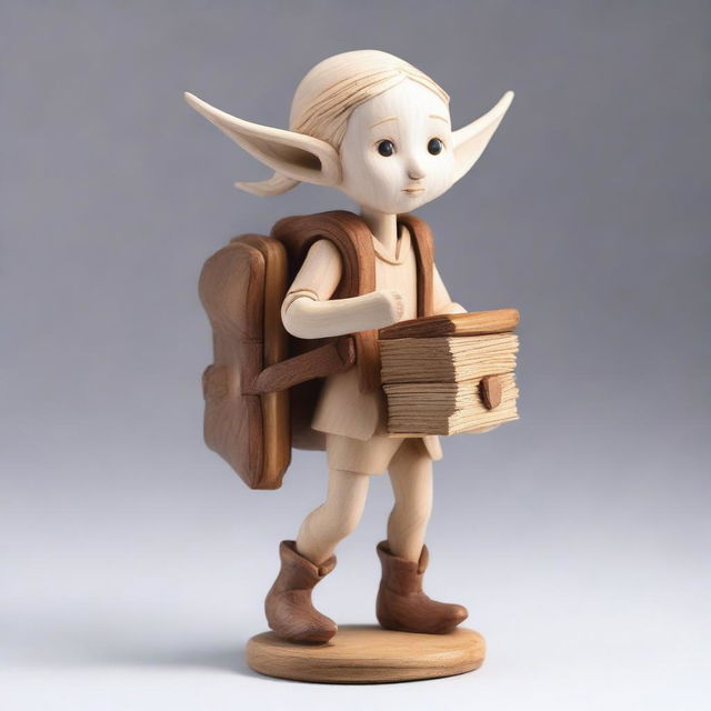 A highly detailed wooden sculpture of a child drow elf carrying a backpack filled with papers