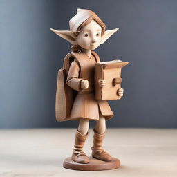 A highly detailed wooden sculpture of a child drow elf carrying a backpack filled with papers