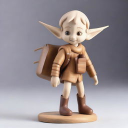 A highly detailed wooden sculpture of a child drow elf carrying a backpack filled with papers