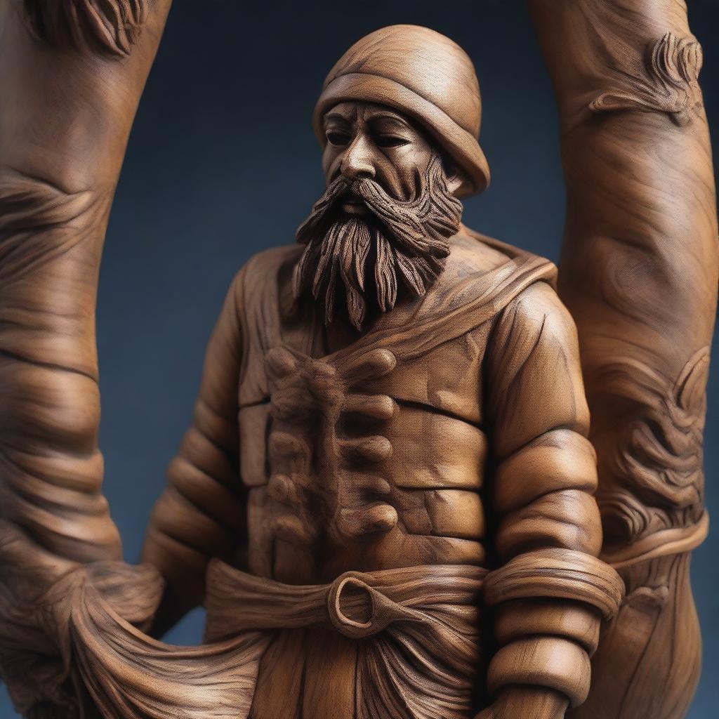 A detailed wooden sculpture of a human sailor