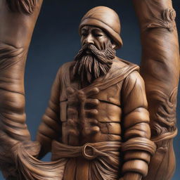 A detailed wooden sculpture of a human sailor