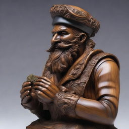 A detailed wooden sculpture of a human sailor