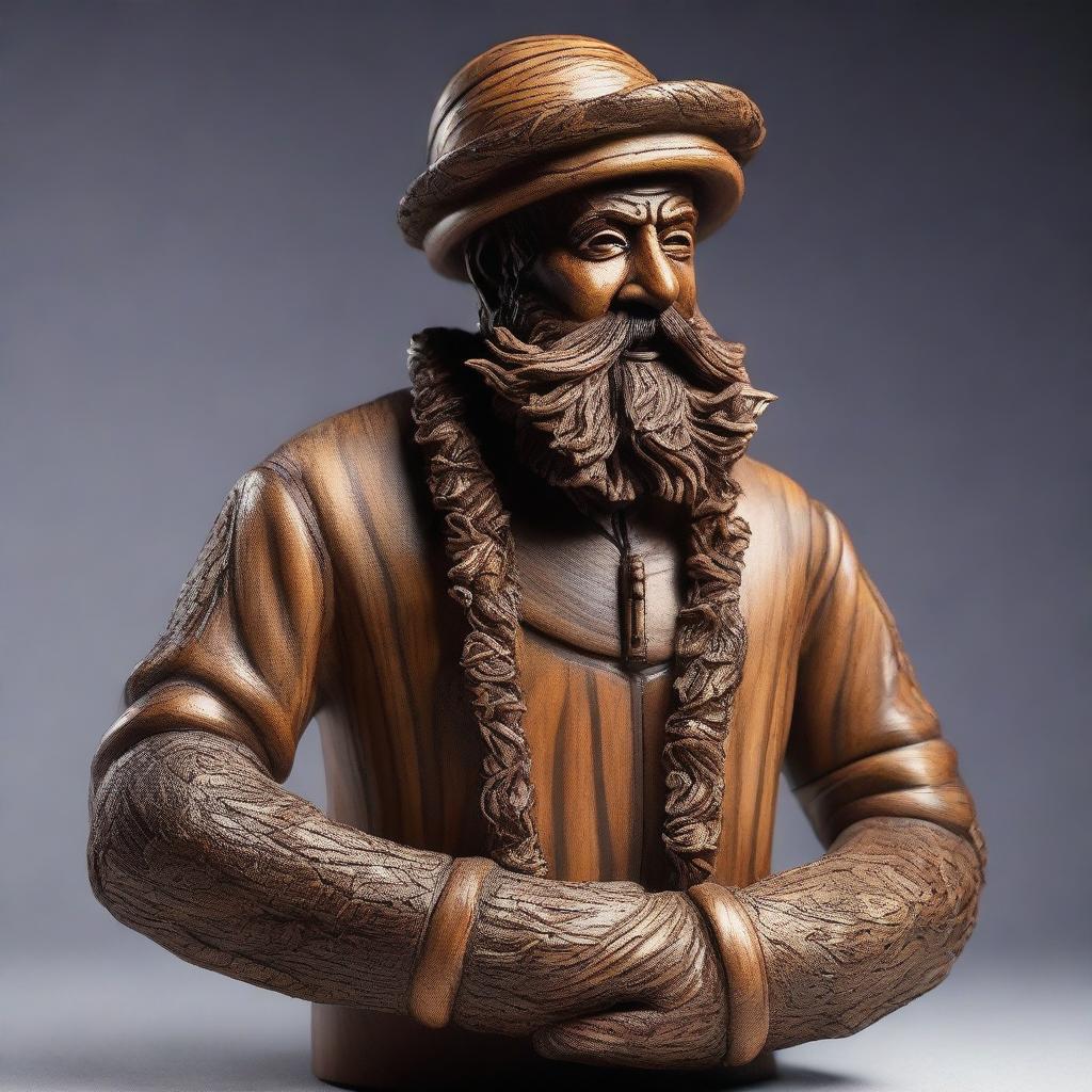 A detailed wooden sculpture of a human sailor