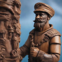 A detailed wooden sculpture of a human sailor