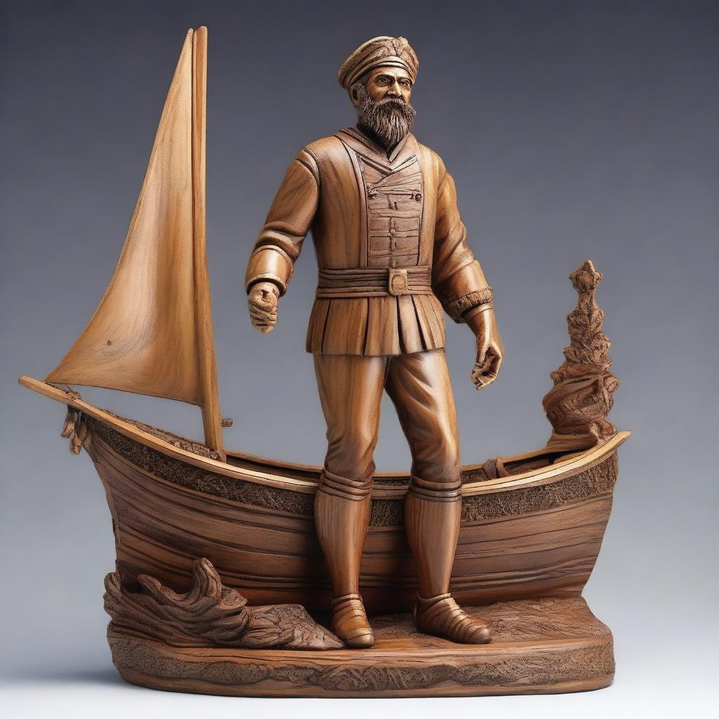 A detailed wooden sculpture of a clean-shaven human sailor