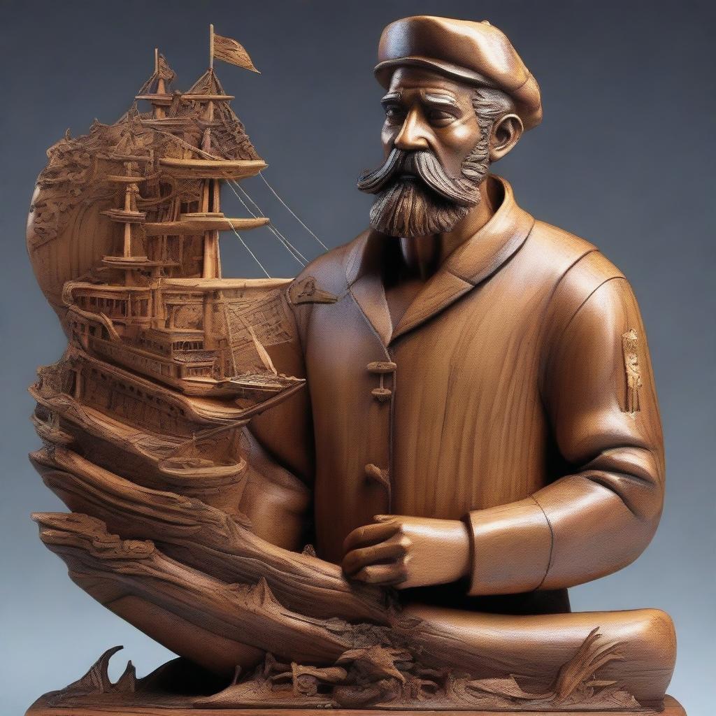 A detailed wooden sculpture of a clean-shaven human sailor