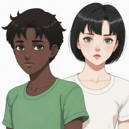 A retro anime couple where she has white skin, very short dark brown hair, and green eyes. He has black skin, short black hair, black eyes, and is taller than her.