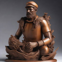 A detailed wooden sculpture of a clean-shaven human sailor