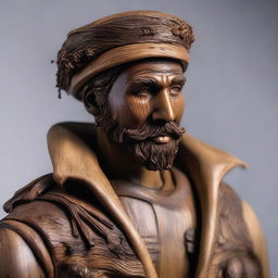 A detailed wooden sculpture of a clean-shaven human sailor