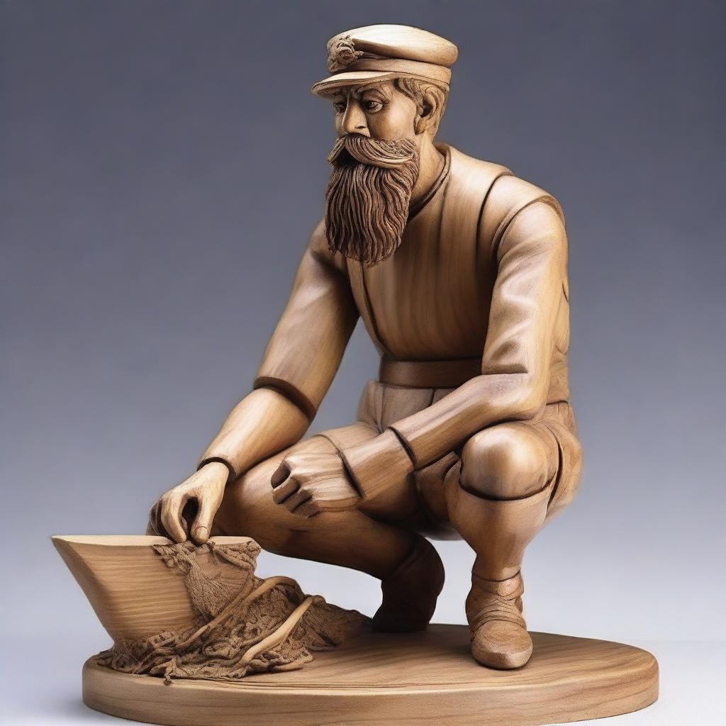 Create a detailed wooden sculpture of a human sailor