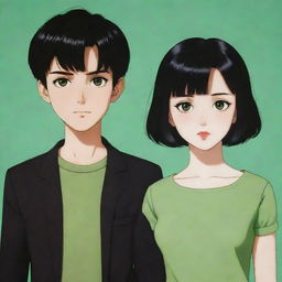 A retro anime couple where she has white skin, very short dark brown hair, and green eyes. He has black skin, short black hair, black eyes, and is taller than her.