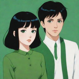 A retro anime couple where she has white skin, very short dark brown hair, and green eyes. He has black skin, short black hair, black eyes, and is taller than her.