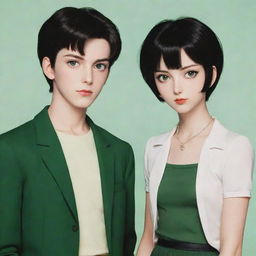 A retro anime couple where she has white skin, very short dark brown hair, and green eyes. He has black skin, short black hair, black eyes, and is taller than her.