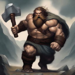 A fierce dwarf barbarian charging forward with a grand axe in hand